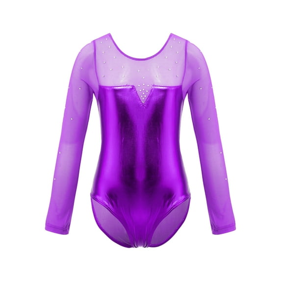 TiaoBug Kids Girls Shiny Metallic Mesh Patchwork Ballet Dance Leotard Long Sleeve Gymnastics Training Jumpsuit Dancewear Purple 4