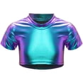 thumbnail image 1 of TiaoBug Kids Girls Shiny Metallic Short Sleeve Crew Neck Tee Shirt Hip Hop Jazz Ballet Dance Crop Top Blue 13-14, 1 of 7