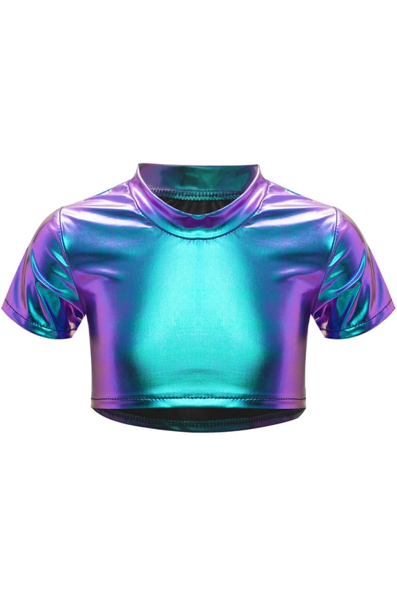 Kids Girls Shiny Metallic Short Sleeve Crew Neck Tee Shirt Hip Hop Jazz Ballet Dance Crop Top Blue 2-3
