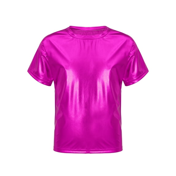 TiaoBug Kids Girls Shiny Metallic Short Sleeve T-Shirts Hip Hop Jazz Sports Dance Tops Hot Pink 7-8
