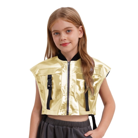 TiaoBug Kids Girls Shiny Metallic Zip Up Jacket Hip Hop Dance Performance Sparkly Cropped Tank Top Gold 14