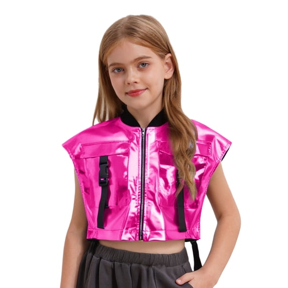 TiaoBug Kids Girls Shiny Metallic Zip Up Jacket Hip Hop Dance Performance Sparkly Cropped Tank Top Hot Pink 10