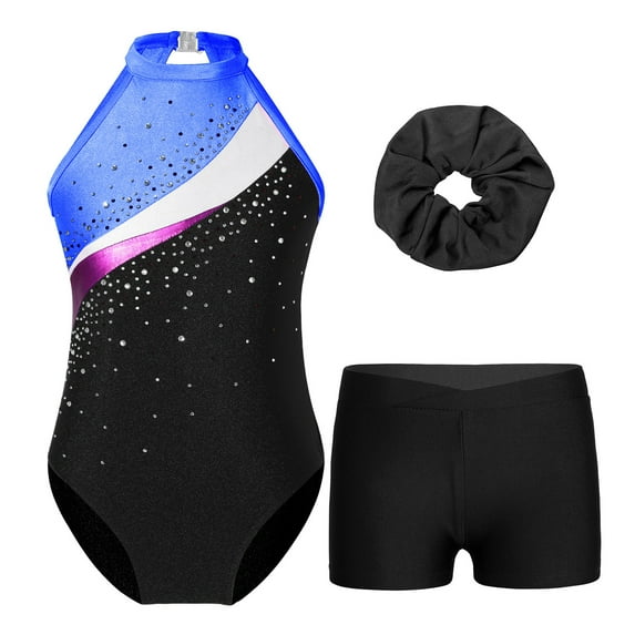 TiaoBug Kids Girls Shiny Rhinestone Gymnastics Dance Leotards Shorts with Hair Band Set Dancewear Swimsuit Black&Royal Blue 8