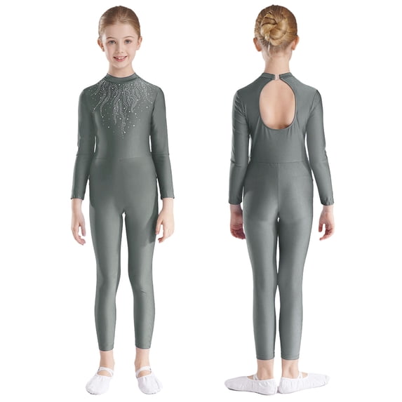 TiaoBug Kids Girls Shiny Rhinestone Gymnastics Leotard Hollow Back Long Sleeve Figure Skating Jumpsuit Gray 12