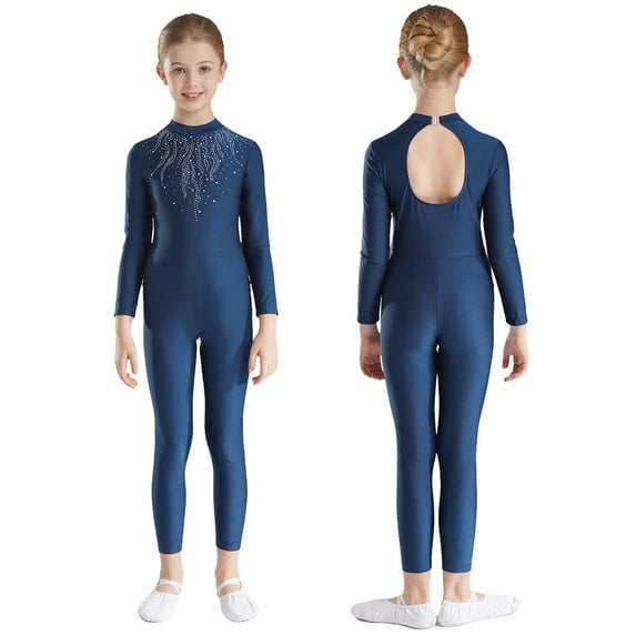 TiaoBug Kids Girls Shiny Rhinestone Gymnastics Leotard Hollow Back Long Sleeve Figure Skating Jumpsuit Navy Blue 12