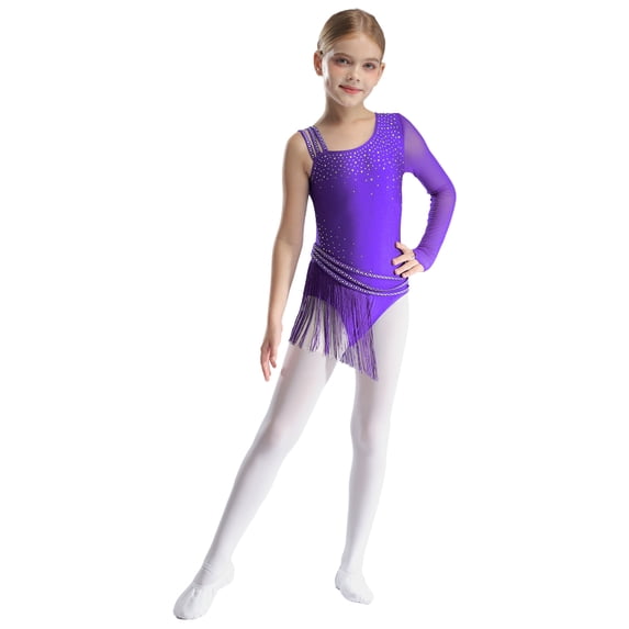 TiaoBug Kids Girls Shiny Rhinestone Gymnastics Leotard Tassel Bodysuit Figure Skating Dance Dress Purple 10