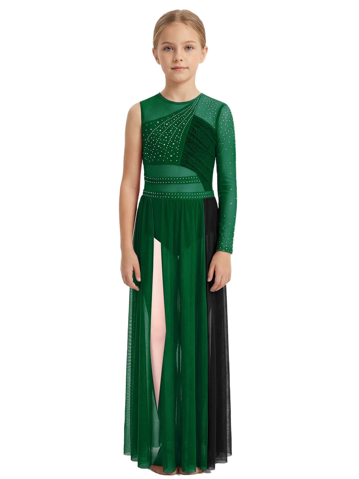 TiaoBug Kids Girls Shiny Rhinestone One Shoulder Long Sleeve Lyrical ...