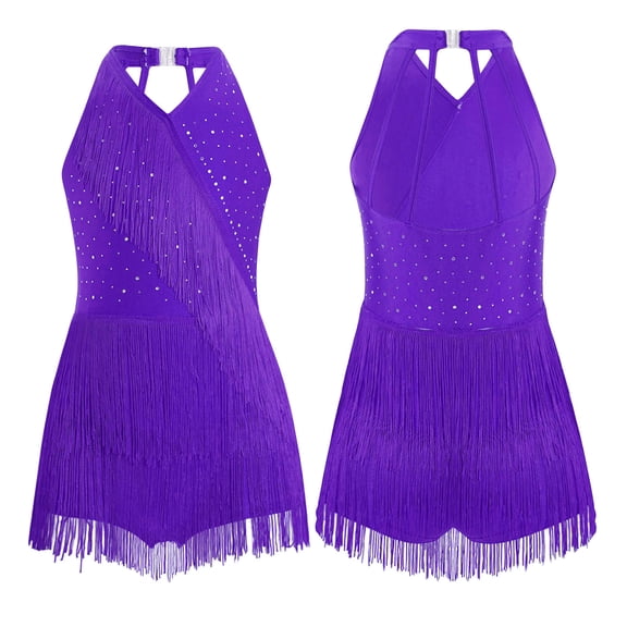 TiaoBug Kids Girls Shiny Rhinestone Sleeveless Fringe Skirt Gymnastics Leotard Latin Ballroom Dancewear Purple 8