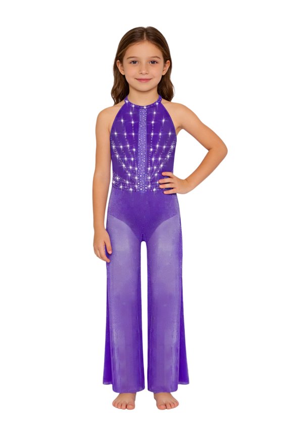 Kids Girls Shiny Rhinestone Sleeveless Wide Leg Pants Romper Overlay Tulle Jumpsuit Dance Unitard Purple 8
