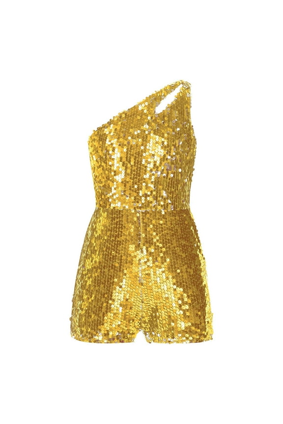 Kids Girls Shiny Sequin Bodysuit One Shoulders Sleeveless Dance Jumpsuit Prom Pageant Romper Gold 14