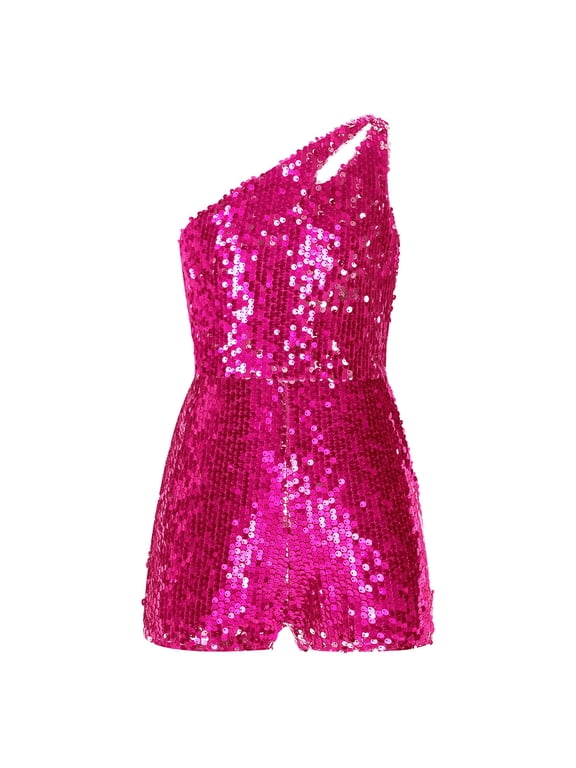 Kids Girls Shiny Sequin Bodysuit One Shoulders Sleeveless Dance Jumpsuit Prom Pageant Romper Hot Pink 6