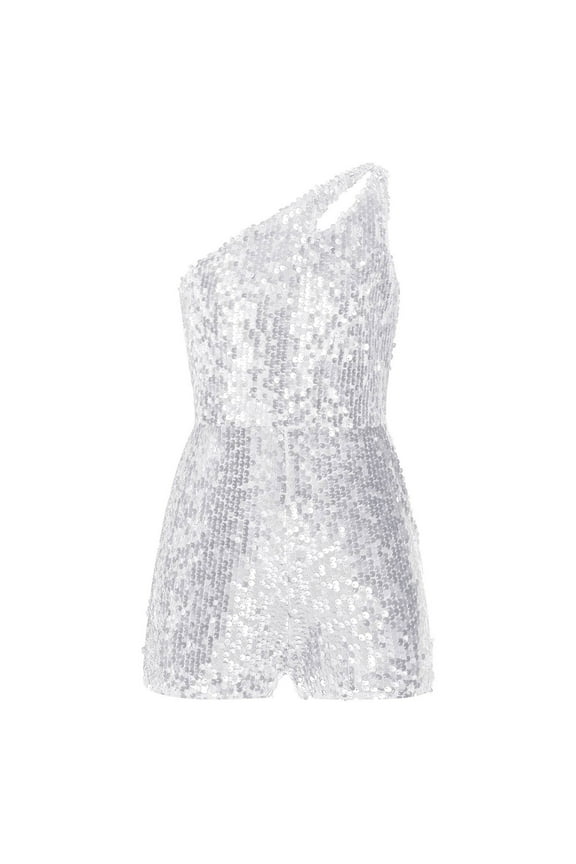 Kids Girls Shiny Sequin Bodysuit One Shoulders Sleeveless Dance Jumpsuit Prom Pageant Romper Silver 8