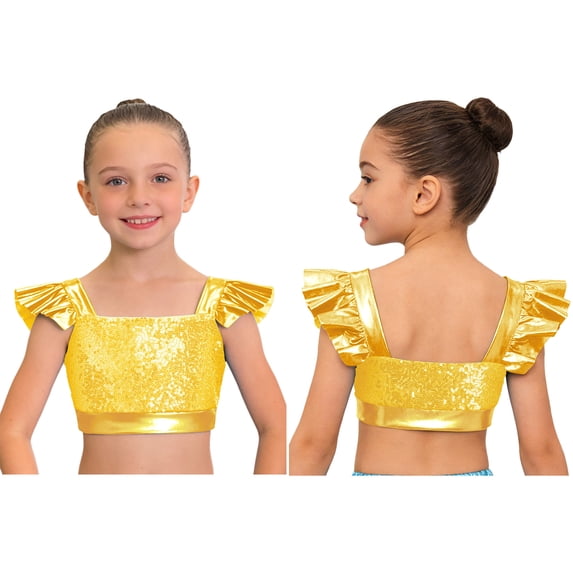 TiaoBug Kids Girls Shiny Sequin Crop Top Square Neck Flying Sleeves Hip Hop Jazz Dance Shirts Cropped Tank Tops Gold 16
