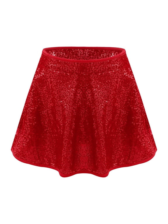 Kids Girls Shiny Sequin Skirts Sparkly Skater A Line Mini Skirt for Dance Performance Red 12