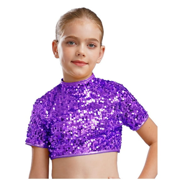 TiaoBug Kids Girls Shiny Sequined Crop Top Club Party Disco Shirt Jazz Hip-hop Dance Costume Purple 8