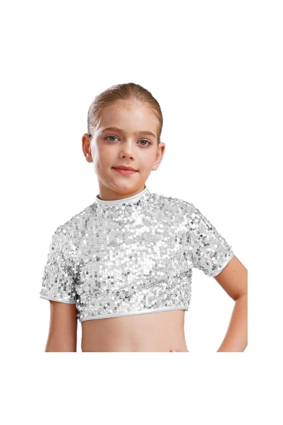 Kids Girls Shiny Sequined Crop Top Club Party Disco Shirt Jazz Hip-hop Dance Costume Silver 12
