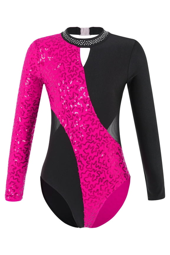 Kids Girls Shiny Sequins Ballet Dance Leotard Long Sleeve Gymnastics Unitard Hollow Back Bodysuit Hot Pink 4