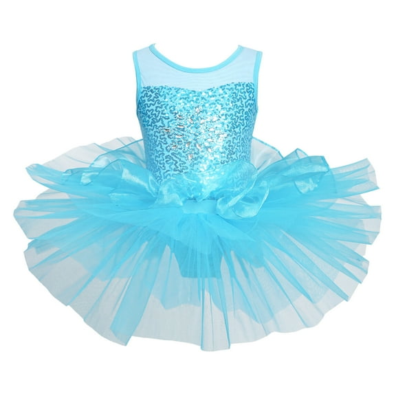 TiaoBug Kids Girls Shiny Sequins Ballet Gymnastic Tutu Dress Skating Performance Layered Skirt Leotard Blue 4