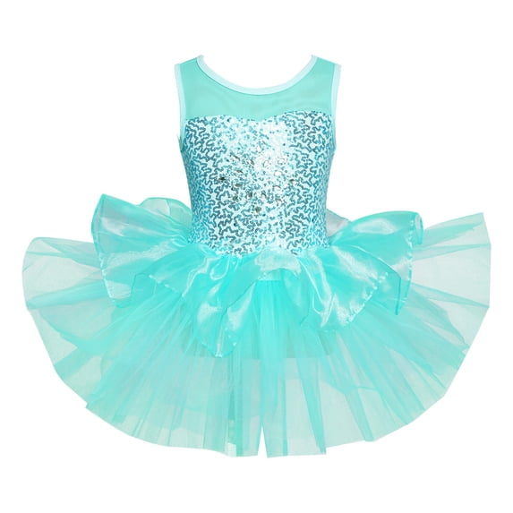 TiaoBug Kids Girls Shiny Sequins Ballet Gymnastic Tutu Dress Skating Performance Layered Skirt Leotard Green 4