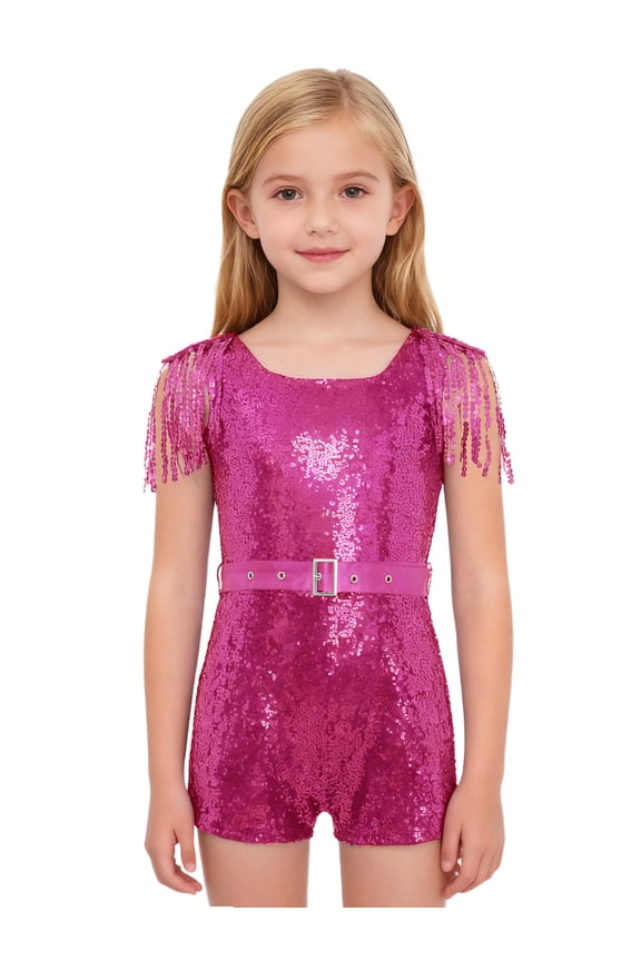 Kids Girls Shiny Sequins Romper Sparkly Jumpsuit Fringe Tassels Sleeveless Belted Glitter Bodysuit Hot Pink 6