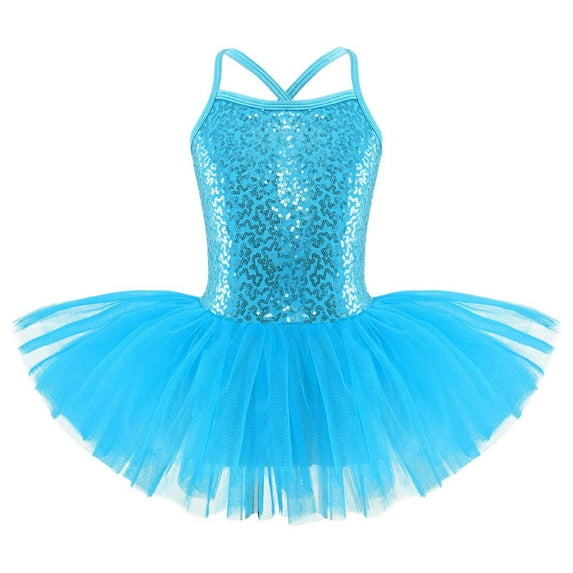 TiaoBug Kids Girls Shiny Sequins Spaghetti Straps Criss Cross Back Ballet Dance Leotard Ballerina Tutu Dress Blue 5-6