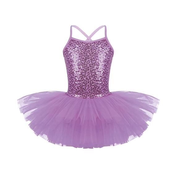 TiaoBug Kids Girls Shiny Sequins Spaghetti Straps Criss Cross Back Ballet Dance Leotard Ballerina Tutu Dress Purple 2-3