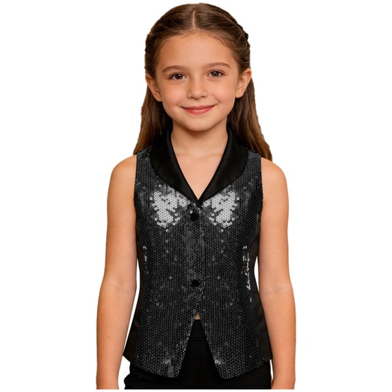TiaoBug Kids Girls Shiny Sequins Vest Crop Top Dance Jazz Hip Hop Jacket Waistcoat Pageant Birthday Party Outfits Black 16