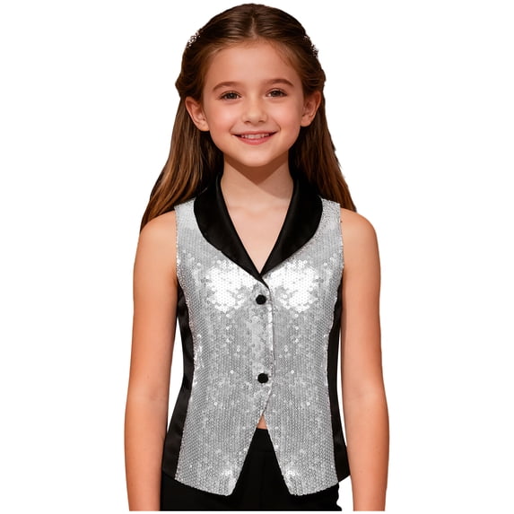 TiaoBug Kids Girls Shiny Sequins Vest Crop Top Dance Jazz Hip Hop Jacket Waistcoat Pageant Birthday Party Outfits Silver 14