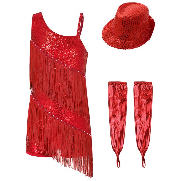 TiaoBug Kids Girls Shiny Tassel Latin Dance Dress Salsa Rumba Tango Outfits with Gloves Hat Set Red 12