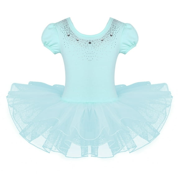 TiaoBug Kids Girls Short Bubble Sleeves Shiny Ballet Tutu Dress Gymnastic Leotard Dress Ballerina Mint Green 3T