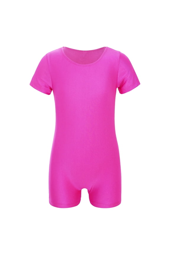 Kids Girls Short Sleeves Ballet Dance Gymnastics Leotard Solid Color Jumpsuit 4-14