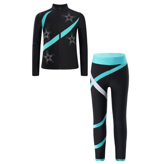 TiaoBug Kids Girls Skating Gymnastics Workout Outfits Shiny Long Sleeve Sweatshirt with Leggings Pants Suit Blue Green 8