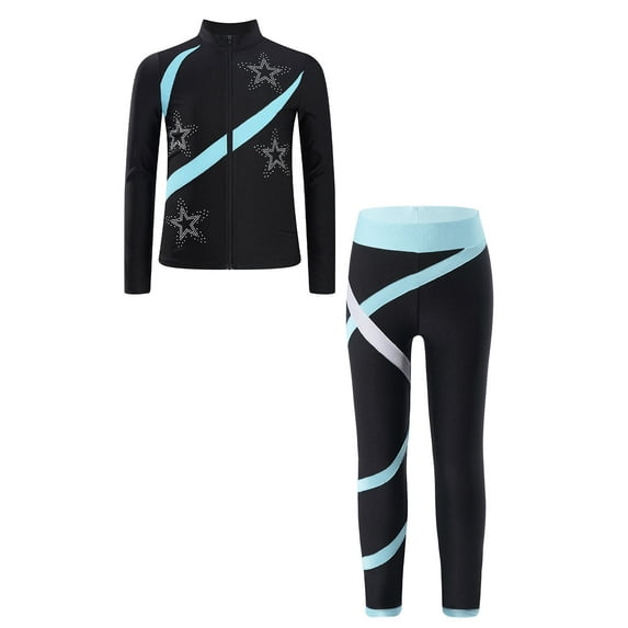 TiaoBug Kids Girls Skating Gymnastics Workout Outfits Shiny Long Sleeve Sweatshirt with Leggings Pants Suit Light Blue 12