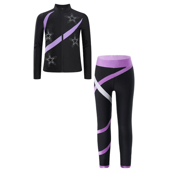 TiaoBug Kids Girls Skating Gymnastics Workout Outfits Shiny Long Sleeve Sweatshirt with Leggings Pants Suit Light Purple 14