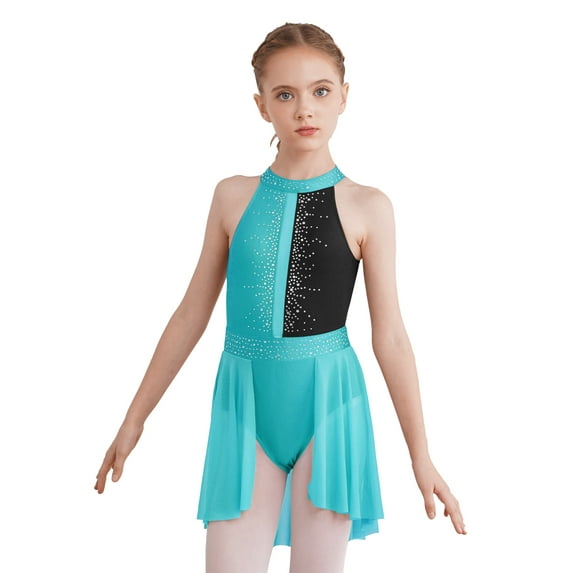 TiaoBug Kids Girls Sleeveless Ballet Latin Lyrical Dance Dress Backless Gymnastic Leotard Green&Black 8