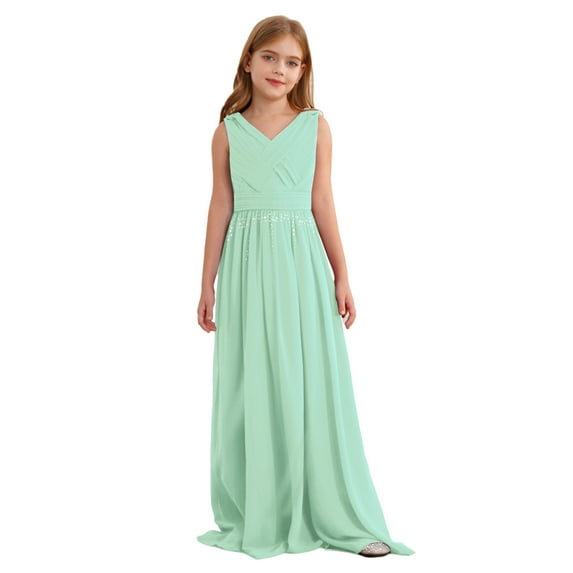 TiaoBug Kids Girls Sleeveless Chifon Wedding Dress Shiny V Neck Party Flower Girl Dresses Mint Green 14