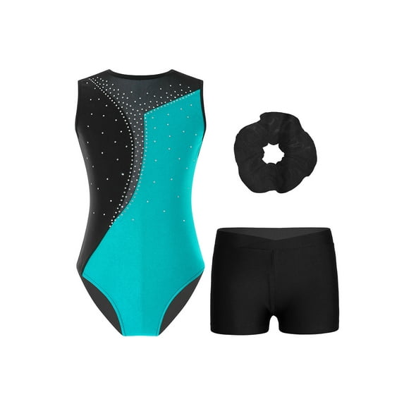 TiaoBug Kids Girls Sleeveless Dance Gymnastics Leotard Shorts with Hair Band Sports Outfits Blue Green 10