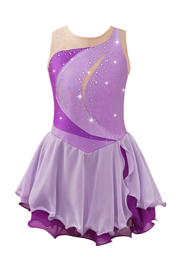 Kids Girls Sleeveless Figure Skating Dress Rhinestone Chiffon Ballet Leotard Ballerine Tutu Dress Lavender 12