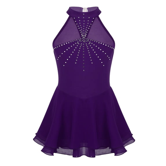 TiaoBug Kids Girls Sleeveless Gymnastic Ballet Dance Leotard Dress Halter Figure Ice Skating Performance Costume Purple 8