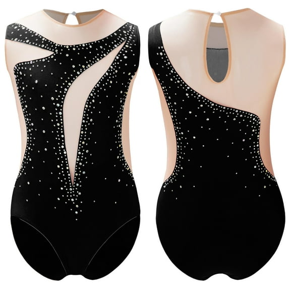 TiaoBug Kids Girls Sleeveless Gymnastic Leotard Shiny Diamond Mesh Patchwork Ballet Dance Bodysuit Black 12