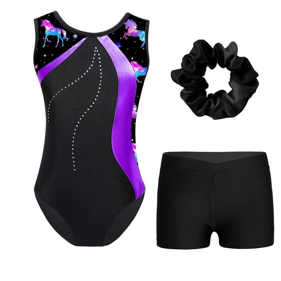 TiaoBug Kids Girls Sleeveless Gymnastics Leotards Dance Ballet Unitard with Shorts Hair Band Set Purple&Black 6