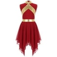 thumbnail image 1 of TiaoBug Kids Girls Sleeveless Lyrical Dance Dress Metallic Gold Worship Asymmetrical Hem Tunic Burgundy 8, 1 of 7