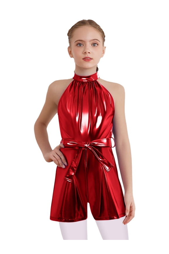 Kids Girls Sleeveless Metallic Jumpsuits Short Leg Rompers for Jazz Hip Hop Dance Disco Party Pageant Red 16