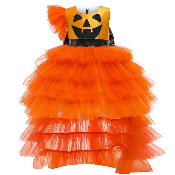 TiaoBug Kids Girls Sleeveless Pumpkin Princess Dress Tiered Tulle High-low Dress Halloween Cosplay Party Costume Orange 2-3