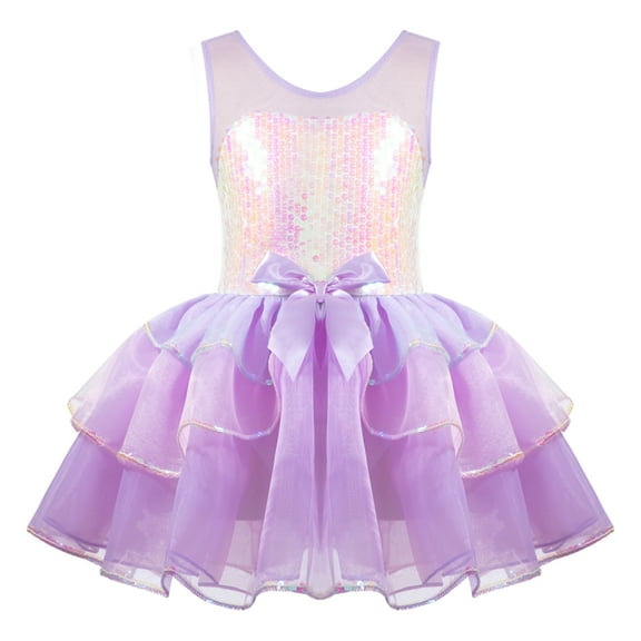 TiaoBug Kids Girls Sequin Ballet Leotard Tutu Dress Figure Skating Performance Dance Dresses Lavender 3