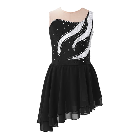 TiaoBug Kids Girls Sleeveless Sequins Figure Skating Dress Irregular Ballet Skirted Leotard Performance Dance Costume Black 12
