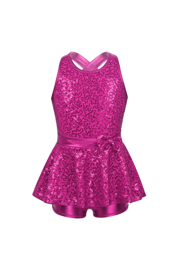 Kids Girls Sleeveless Sequins Gymnastic Ballet Leotard Dress Modern Jazz Dance Dancewear Rose 16