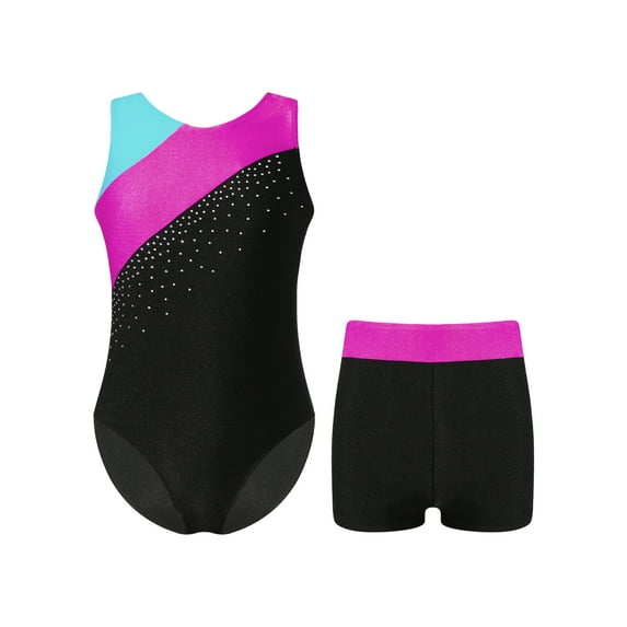 TiaoBug Kids Girls Sleeveless Shiny Rhinestone Leotards with Shorts 2Pcs Set Gymnastics Dance Outfits Hot Pink 16