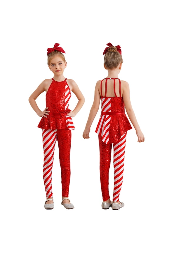 Kids Girls Sleeveless Sparkly Sequins Dance Unitards Jumpsuit Christmas Candy Cane Costume Red 12