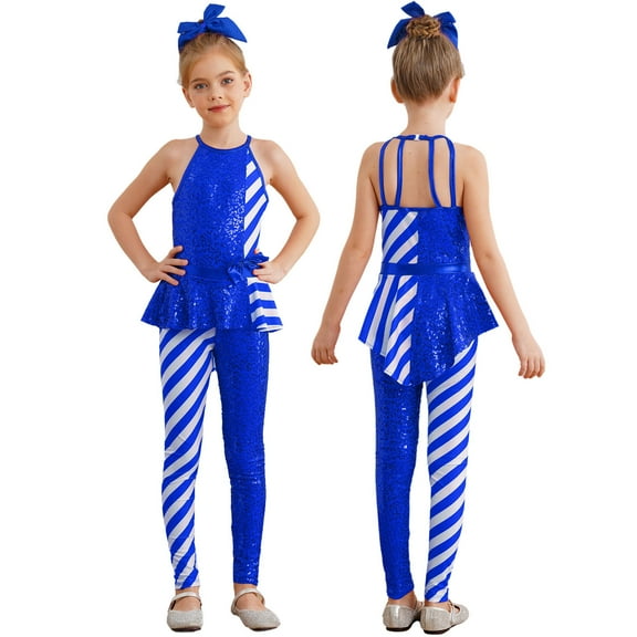 TiaoBug Kids Girls Sleeveless Sparkly Sequins Dance Unitards Jumpsuit Christmas Candy Cane Costume Royal Blue 12